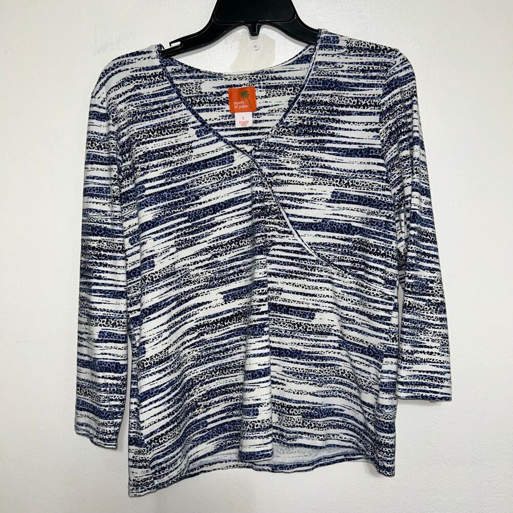 Hearts of Palm Faux Wrap Top L Navy Blue Black Animal Print